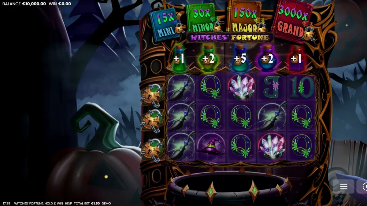 Tampilan visual slot Witches’ Fortune: Hold & Win dengan tema penyihir dan kuali ajaib.